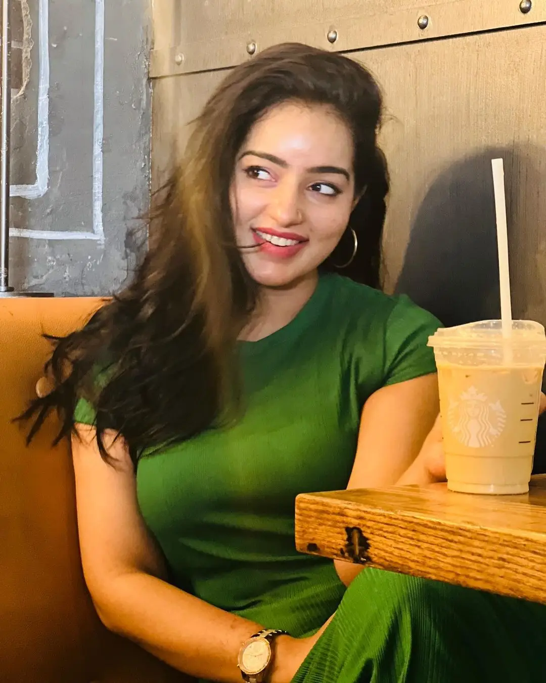 Malayalam Girl Malavika Menon In Green Dress Long hair